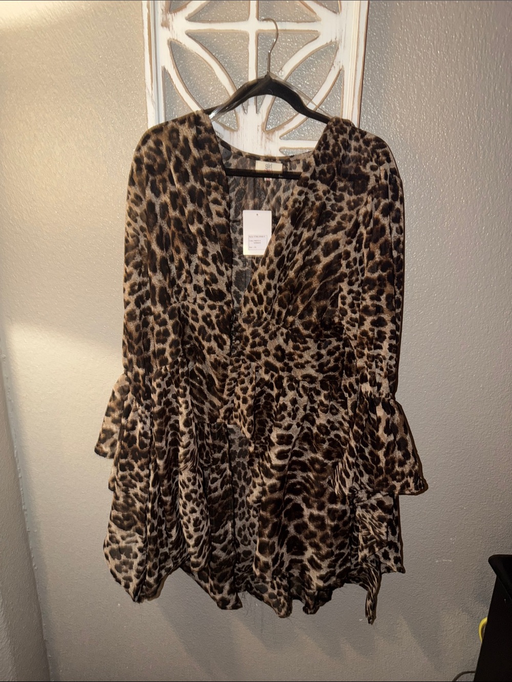 Leopard Print V-Neck Ruffle Tunic Top - Brown